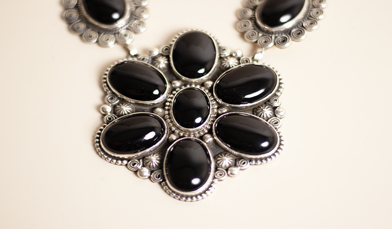 Onyx and Silver Floral Necklace Set