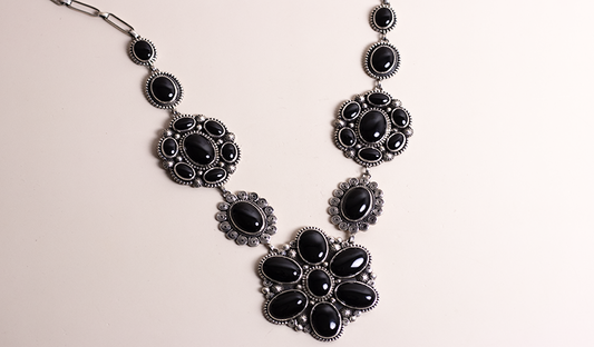 Onyx and Silver Floral Necklace Set