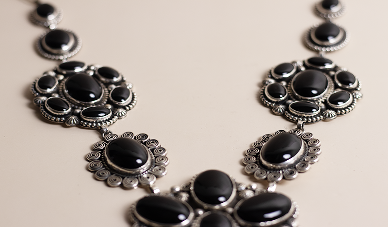 Onyx and Silver Floral Necklace Set