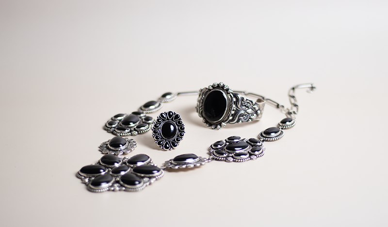 Onyx and Silver Floral Necklace Set