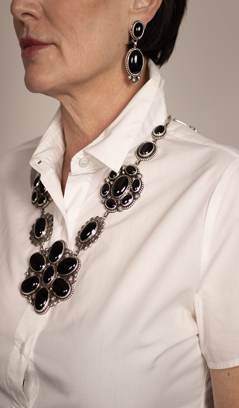 Onyx and Silver Floral Necklace Set