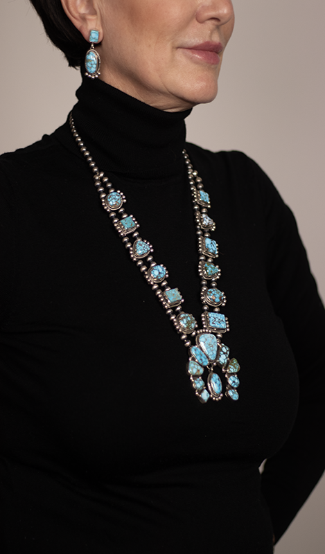 Kingman Turquoise Squash Blossom Necklace