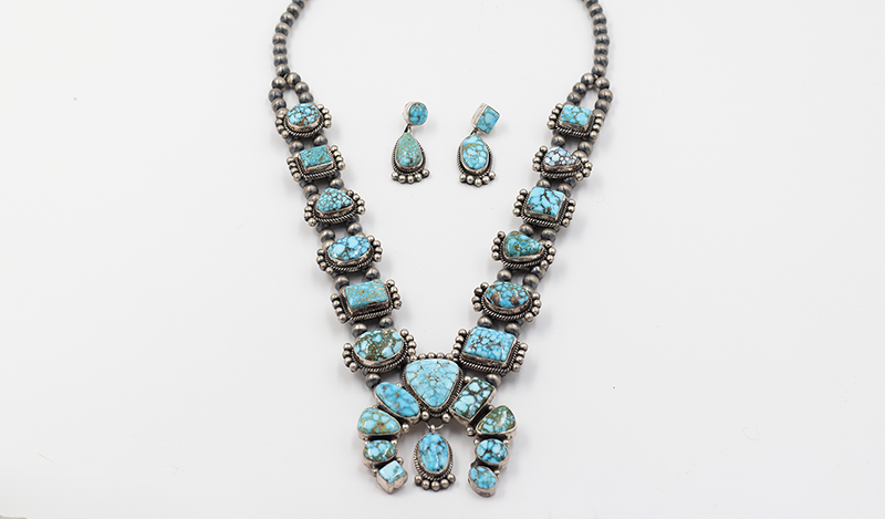 Geometric Kingman Squashblossom Necklace Set