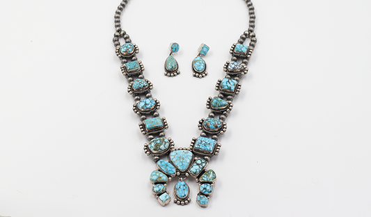 Geometric Kingman Squashblossom Necklace Set