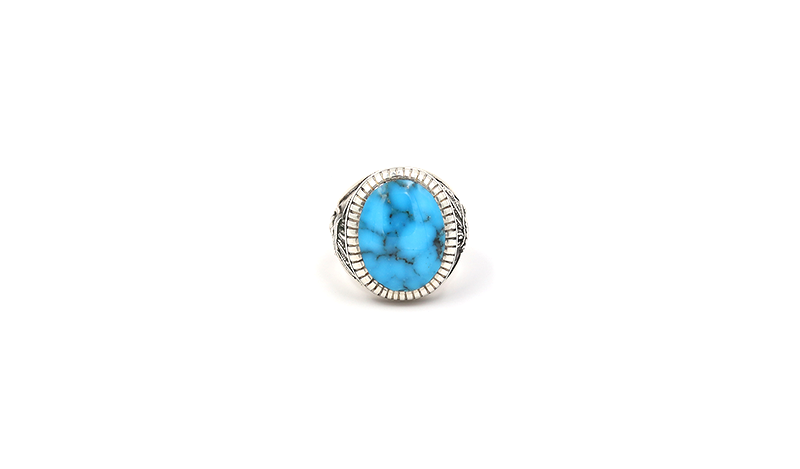 Large Oval Spiderweb Turquoise Ring w/ Chief Motifs