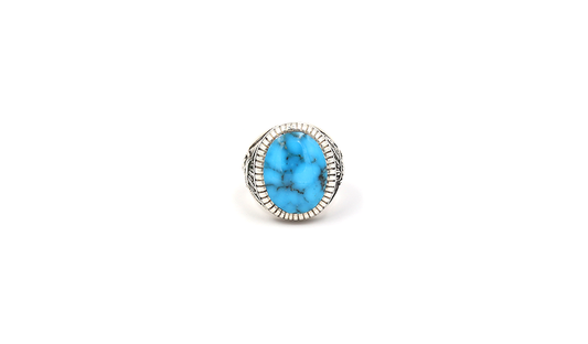 Large Oval Spiderweb Turquoise Ring w/ Chief Motifs