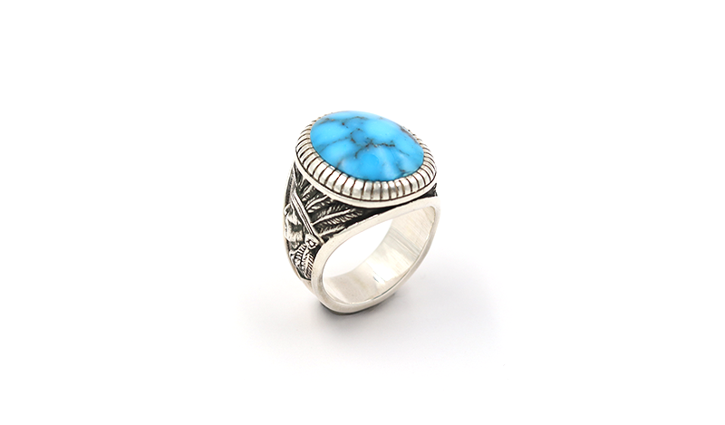 Large Oval Spiderweb Turquoise Ring w/ Chief Motifs