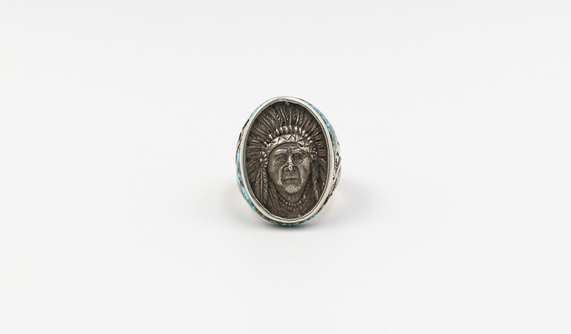 Oval Chief Ring with Inlay and Feather Detail