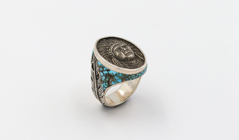 Oval Chief Ring with Inlay and Feather Detail