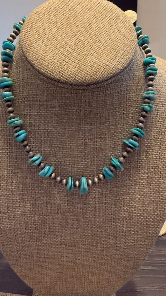 16" Turquoise and silver bead necklace