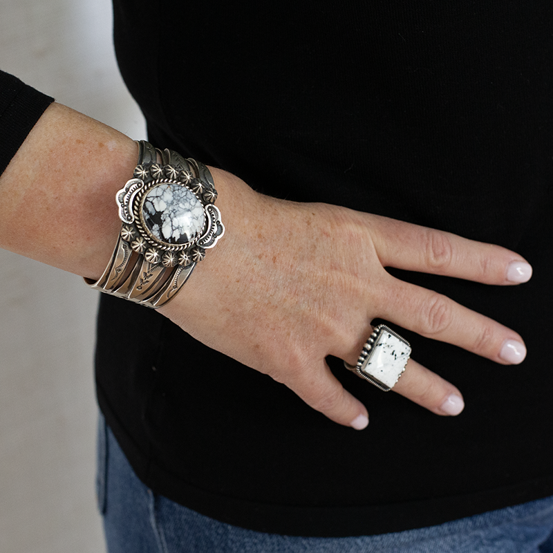 Large Handstamped White Buffalo Cuff