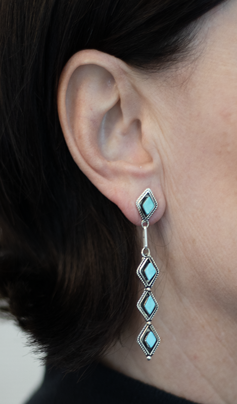 Marquis Shape Twist Wire Silver and Turquoise Drop Earrings