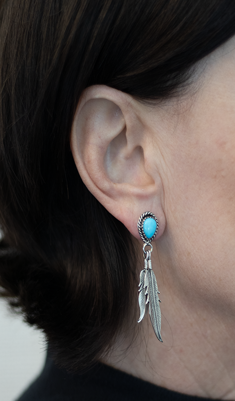 Turquoise Post Double Feather Earrings