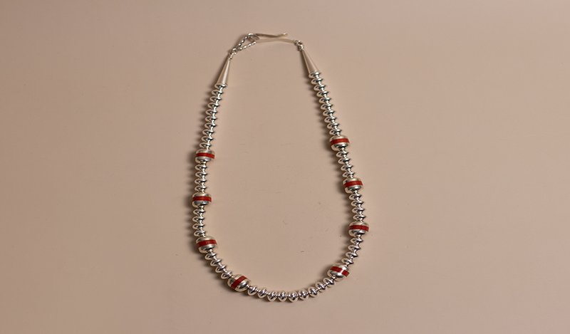 Red Coral Inlay Silver Beads