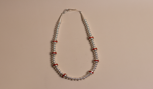 Red Coral Inlay Silver Beads