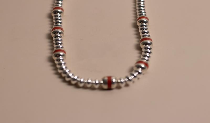 Red Coral Inlay Silver Beads