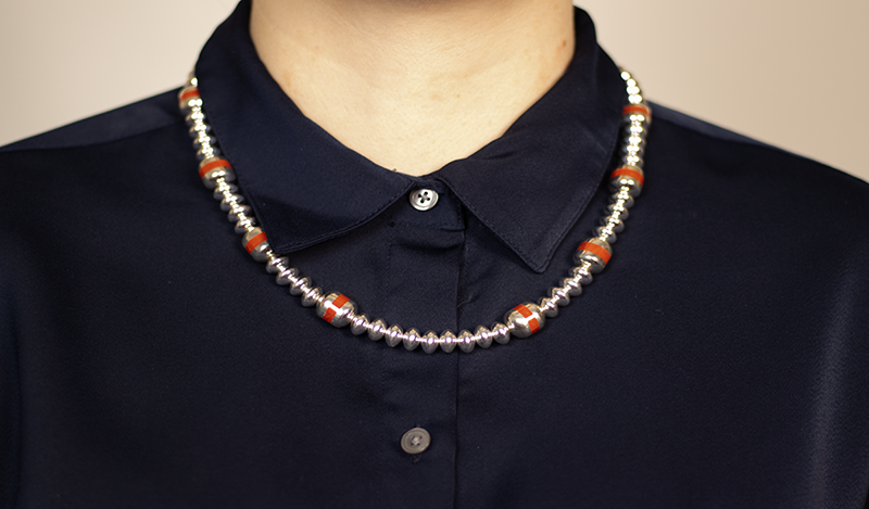 Red Coral Inlay Silver Beads