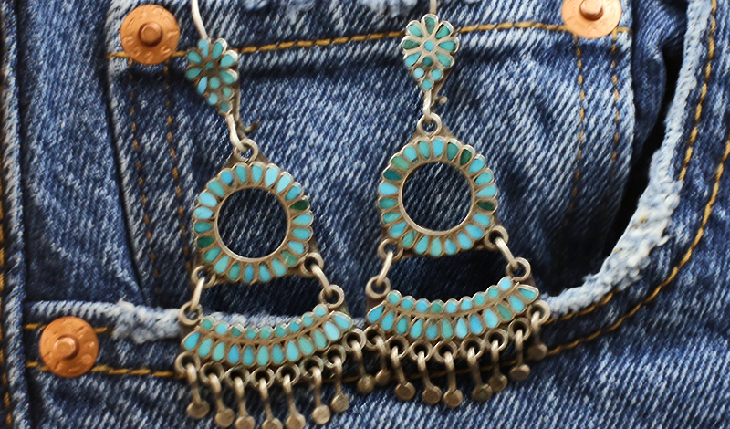 1970's Inlay Fringe Turquoise Earrings