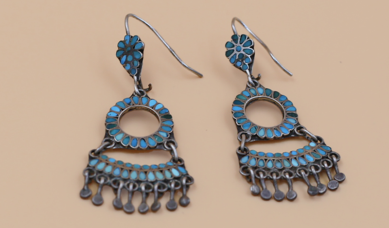 1970's Inlay Fringe Turquoise Earrings