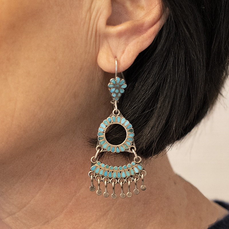 1970's Inlay Fringe Turquoise Earrings