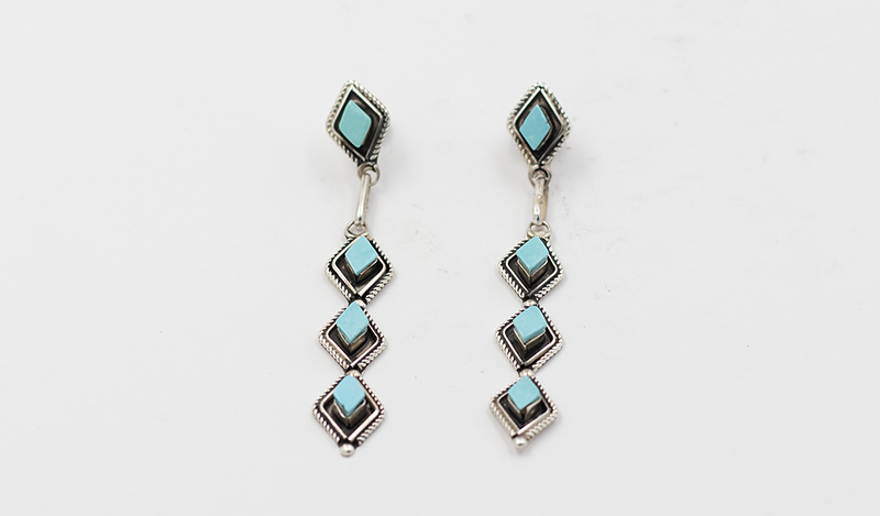 Marquis Shape Twist Wire Silver and Turquoise Drop Earrings