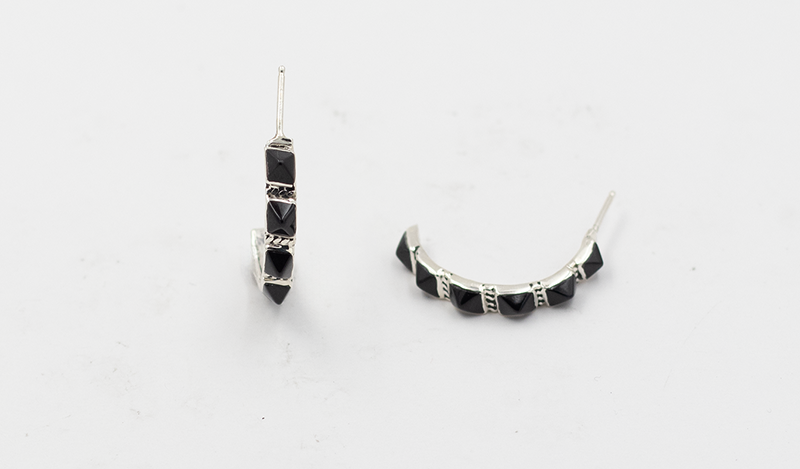 6 Stone Onyx Pyramid Half Hoop Earrings