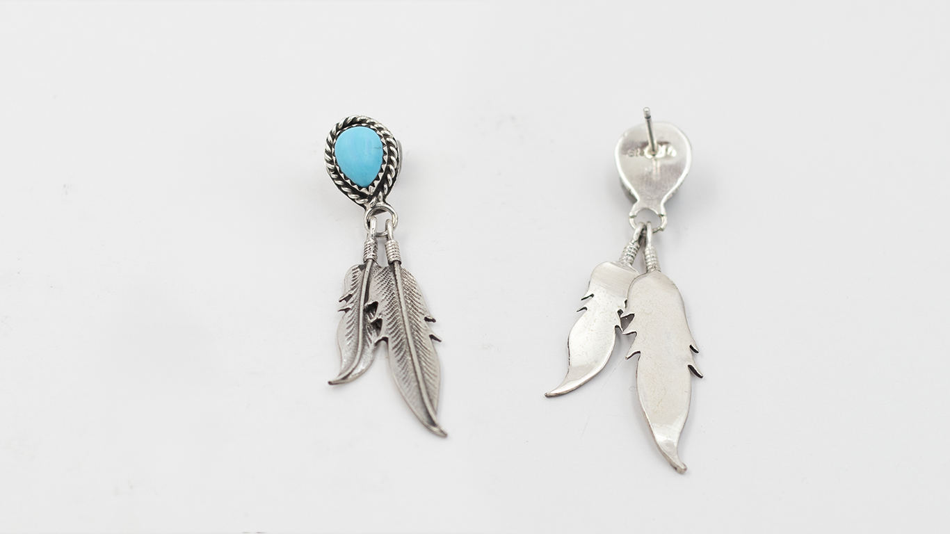 Turquoise Post Double Feather Earrings