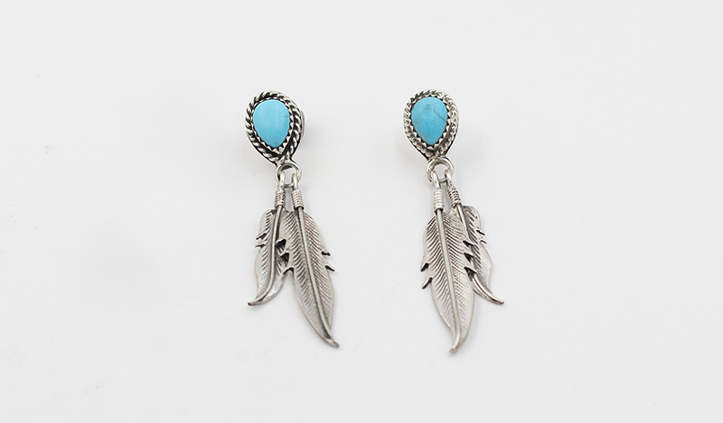 Turquoise Post Double Feather Earrings