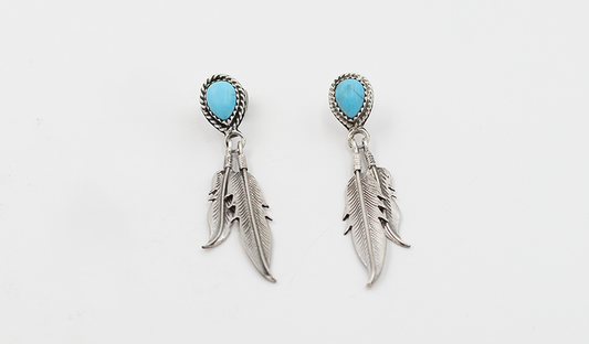 Turquoise Post Double Feather Earrings