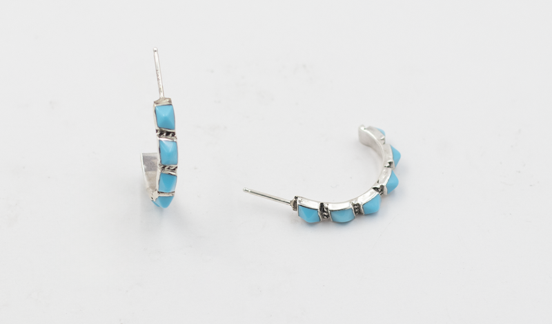 6 Stone Turquoise Pyramid Half Hoop Earrings