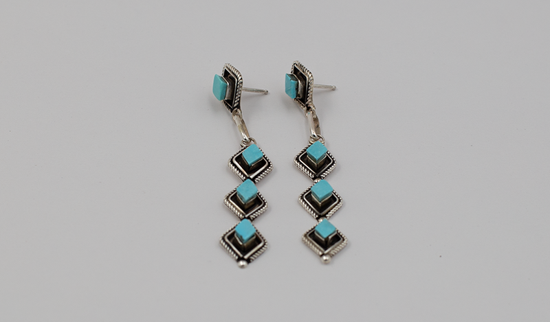 Marquis Shape Twist Wire Silver and Turquoise Drop Earrings