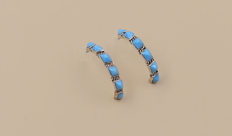6 Stone Turquoise Pyramid Half Hoop Earrings