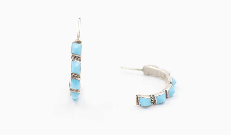 6 Stone Turquoise Pyramid Half Hoop Earrings